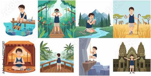 Collection of adventurous boy character illustrations exploring diverse landscapes including jungle, desert, mountains, and ancient temples