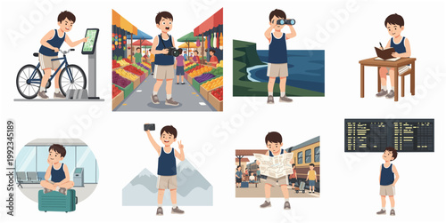 Travel Character Set Featuring a Young Boy Exploring the World with Various Activities such as Cycling, Photography, Sightseeing, and Navigating Destinations