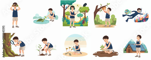 Set of vector illustrations featuring a young environmentalist boy protecting nature, planting trees, cleaning the ocean, and observing wildlife.
