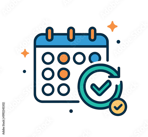 Habit tracking and personal consistency building in self-improvement routines, a calendar combined with a repeating circular arrow and a small checkmark symbolizing daily