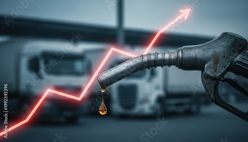 Fuel nozzle with falling oil droplet against blurred trucks and a rising red glowing line graph indicating cost increases