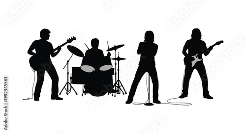 A rock band performs onstage showcasing a guitarist bassist drummer and vocalist in black silhouette high quality professional detailed modern elegant