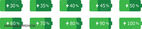 Battery Percentage Icon set. Battery charge level indicators showing different power levels isolated on transparent background. battery charge level indicator icons