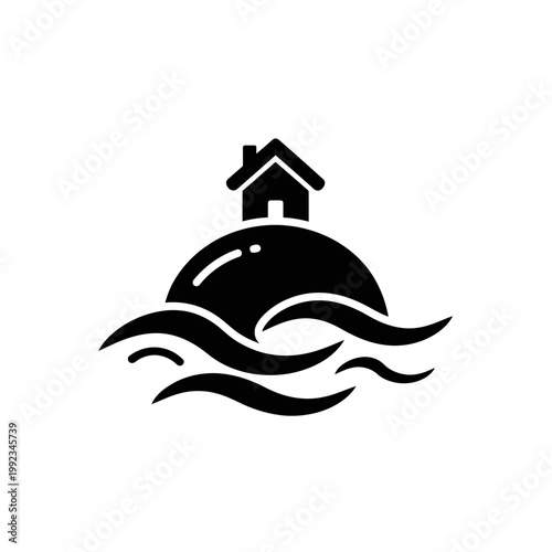 Black silhouette of house on rising sea.