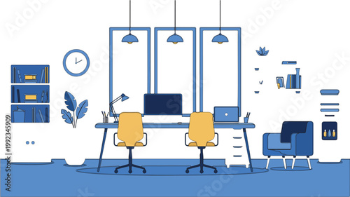 Modern office workplace scene with team working together business collaboration environment vector illustration