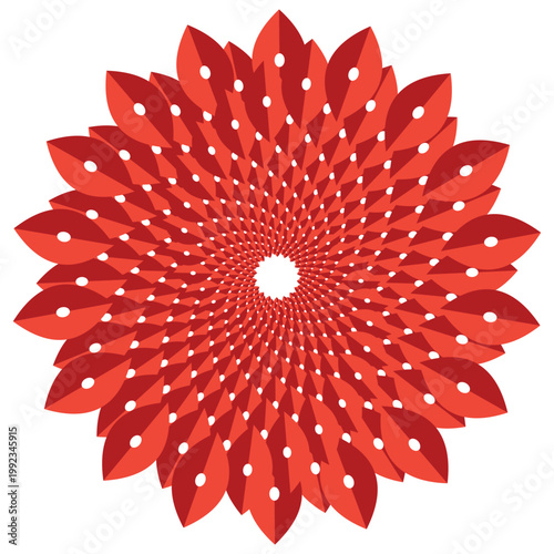 Abstract red floral mandala spiral pattern, geometric petal symmetry, decorative circular ornament, modern vector illustration for background design.
