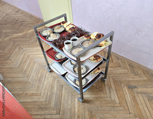 A close-up of a lunch cart in a nursing home