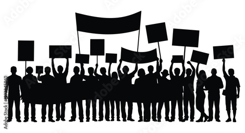 A large group of people protesting with signs and banners depicted in a striking black silhouette high quality professional detailed modern