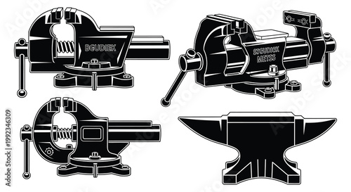 Detailed illustrations of metalworking tools including vises and an anvil presented in a striking silhouette high quality professional detailed modern elegant