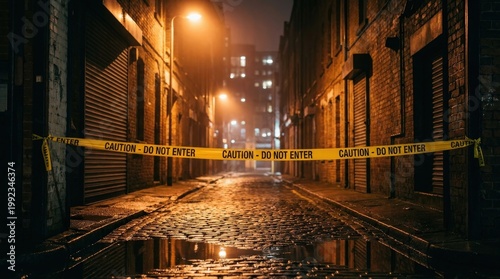 Night urban crime scene with wet pavement and caution tape blocking alleyway