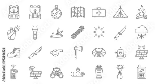 An assortment of outdoor adventure icons including camping gear navigation tools and emergency supplies in a black silhouette high quality professional