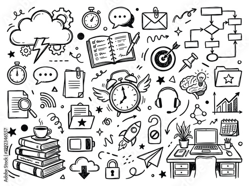 Doodle elements set for business and education concepts on a desk