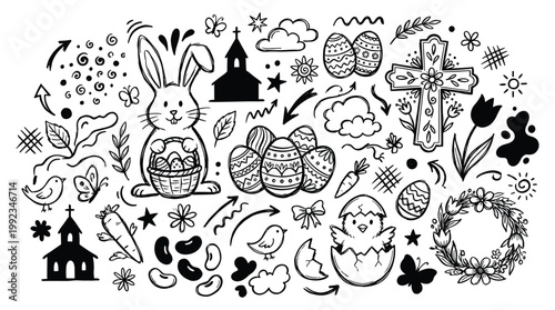 Easter doodle elements decorate holiday scene with bunny, eggs, and cross