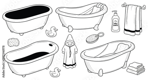A charming black and white illustration of bathtubs accessories and a hooded figure silhouette high quality professional detailed modern elegant stylish clean crisp