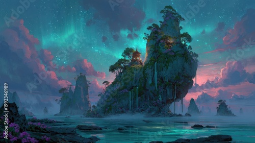 Otherworldly Sky Island Panorama: Dreamlike fantasy illustration for background design in teal, pink, and violet tones