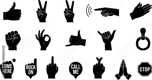 A collection of black hand gestures on a white background