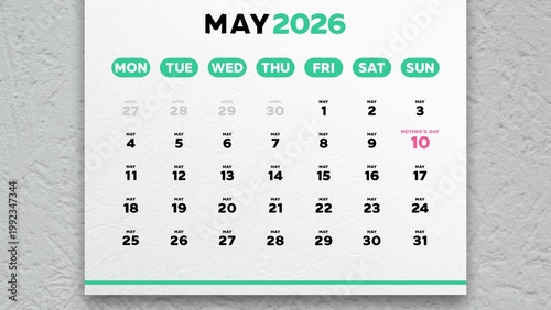 Close-up of a nice May 2026 calendar page with the date of Mother's Day highlighted