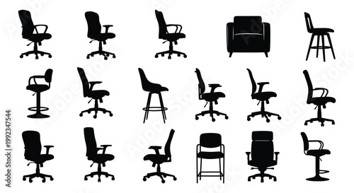 A collection of various office and home chairs presented in a stark black silhouette high quality professional detailed modern elegant stylish