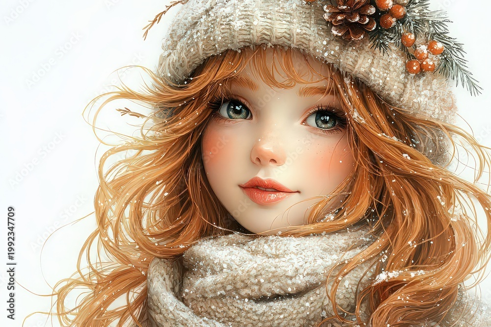 Naklejka premium Magical Christmas portrait, winter fairy with red hair. Merry Christmas!