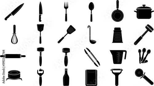A collection of kitchen utensils and gadgets on white background