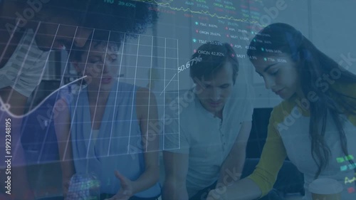 Team leaning in examining pages, one pouring food into box, finance charts linking pages for review