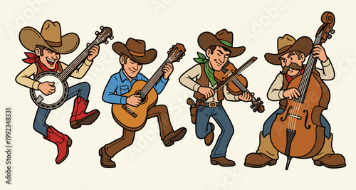 Energetic country music quartet featuring four cowboys playing the banjo, guitar, violin, and stand-up bass. High-quality vector illustration in a retro cartoon style for music festival media.