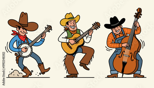 Cartoon western band quartet playing bluegrass music. Vector illustration of cowboy characters with banjo, guitar, violin, and stand-up bass. Colorful and fun design for various creative uses