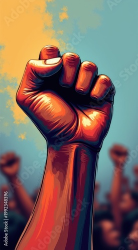 Fist in front of a crowd of people