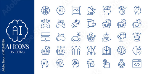 Artificial Intelligence Icon Set with AI Brain, Machine Learning, Robot, Data Network and Futuristic Technology Vector Collection