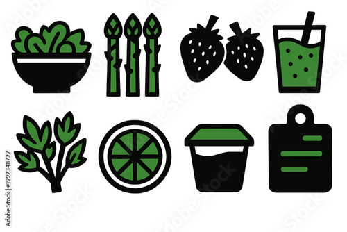 Spring Freshness Icons. Spring Freshness silhouette set: salad bowl, asparagus, strawberries, smoothie glass, herbs, lemon slice, yogurt cup, cutting board