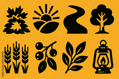 Brutalist Autumn Icons. Golden Autumn silhouette set: leaf pile, sunlight rays, winding path, tree silhouette, wheat field, berries, branch, cozy lantern