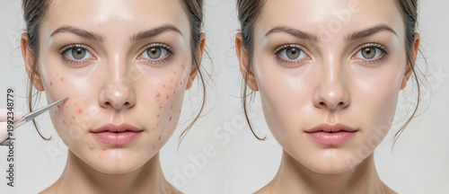 Beauty injections acne treatment before and after set, ai generated. Female face with skincare transformation, acne and clear skin procedure. Dermatology and cosmetic result concept.