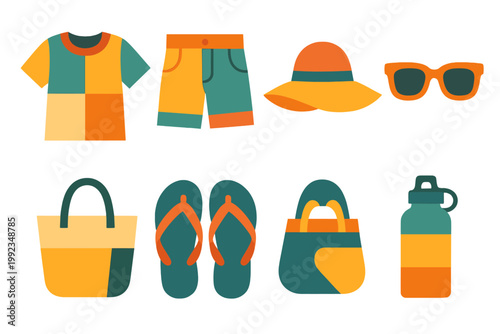 Geometric Summer Icons. Summer Looks in geometric flat style t-shirt, shorts, flip flops, sun hat, sunglasses, tote bag, beach sandals, water bottle