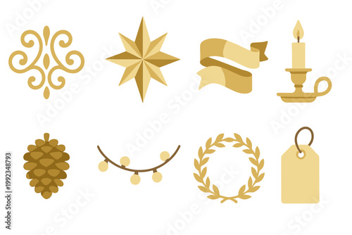 Geometric Holiday Icons. Elegant Decorations in geometric flat style golden ornament, crystal star, shiny ribbon, candle holder, pinecone, light string, wreath, gift tag