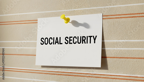 A white note with the words social security pinned to a wall with a yellow push pin
