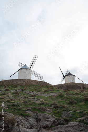 Two traditional windmills at Cerro Calderico, Consuegra, Toledo