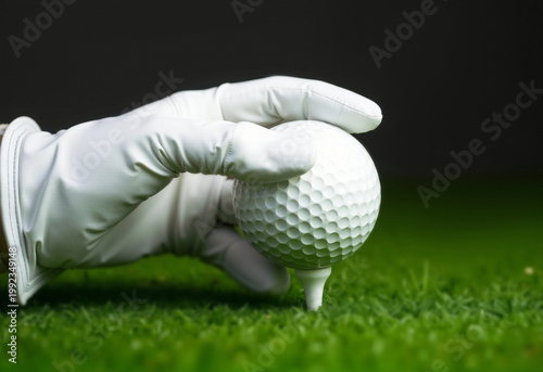 Hand in golf glove placing ball on tee, ai generated. Close up of golfer arm wearing gloves for game sport, green grass background. Golf equipment, sport preparation and outdoor activity concept.