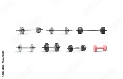 Gym dumbbells and barbells equipment set, ai generated. Different dumbbell and barbell equipment for strength exercise, isolated on white background. Metal fitness handweight for healthy lifestyle.