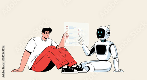 Man and friendly AI robot reviewing checklist together smart assistant helping with tasks and productivity workflow