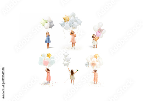 Kid holding white and colored balloon bouquet mockup set, ai generated. Different shaped decorative inflatable balls stack in children hands standing on white background, front and back view.