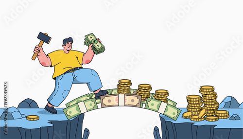 Man crossing broken money bridge with tools showing financial struggle and effort