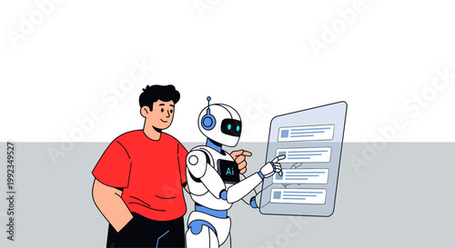 Young man working with AI robot assistant on computer smart technology helping with online tasks and digital workflow