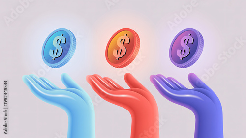 Three colorful hands reaching up to catch dollar coins in mid-air with a plain background