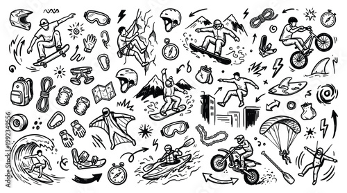 Various sports and hobbies doodle illustrations collection