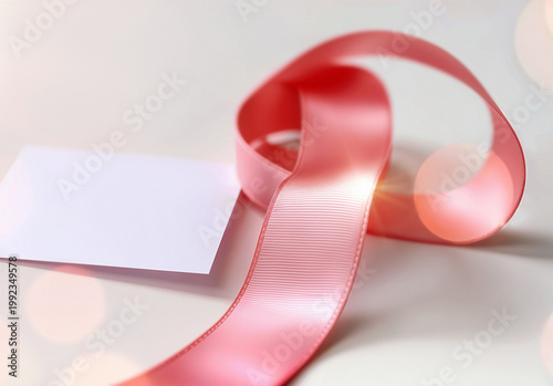 Blank pink rolled ribbon with note mockup, ai generated. Empty colored whorl wrapping ribon for birthday present mock up, grey background. Festive decor organza coil for pack ornate template.