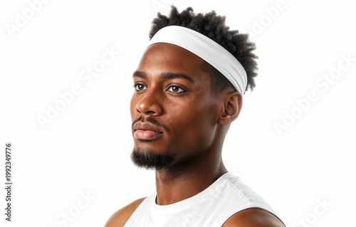 Young man wearing blank white headband mockup, ai generated. Male fitnessmodel wear terry sweatband cloth, isolated on white background. Absorbent gym wear for training lifestyle template.