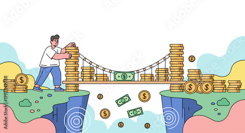 Building strong coin bridge between two lands symbolizing stable financial growth
