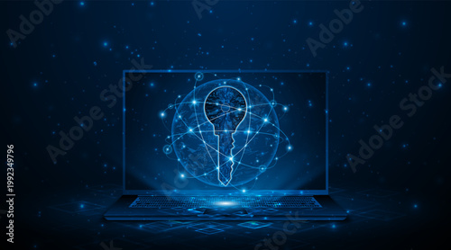 technology circuit board key icon floating above a laptop. Cyber ​​data security and privacy concept. modern technology innovation concept background