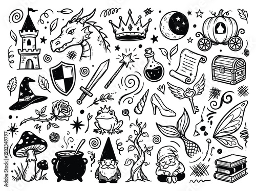Fantasy doodle illustrations depict magical creatures and symbols.