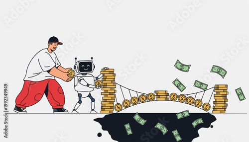 Human and AI building unstable money bridge showing risk in automated finance system
